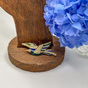 Vintage Bird Brooch Gold Tone Rhinestone with Blue and Green Enameling ROMAN
